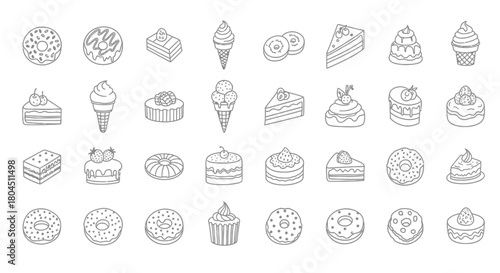 Collection of hand drawn black and white dessert illustrations