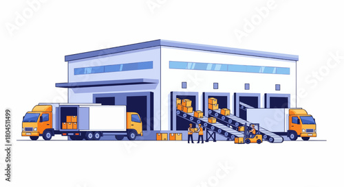 Flat vector illustration of a modern logistics warehouse icon, cartoon style, bright colors, isolated on white background, clean lines, simple design.