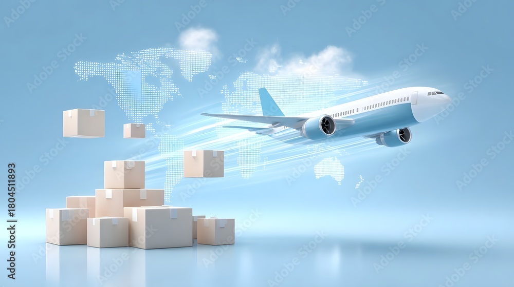Fototapeta premium A modern airplane transports packages across a luminous global map representing efficient international air cargo delivery and logistics services