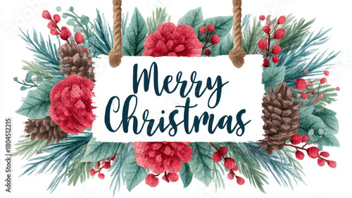 Merry Christmas Wreath White Background Concept, Merry Christmas wreath with red flower pine branch evergreen festive holiday decoration winter