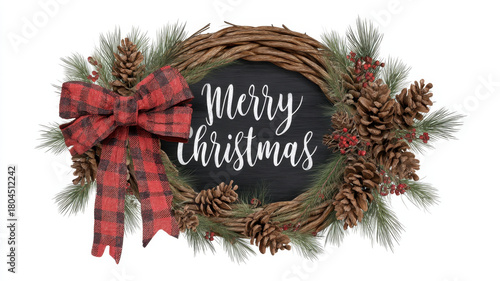 Merry Christmas Wreath White Background Concept, Merry Christmas rustic wreath with pinecone bow decoration festive holiday winter celebration