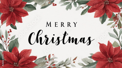 Merry Christmas Wreath White Background Concept, Merry Christmas wreath with red poinsettia flower and green leaf decoration on white background