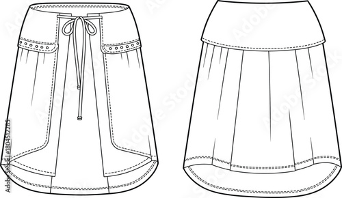 Women’s skirt technical fashion illustration, drawstring waistband pleated hem design, front and back view, CAD drawing flat vector illustration