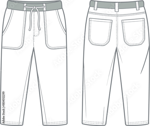 Technical flat sketch pants front back view, casual trousers design, cad drawing illustration