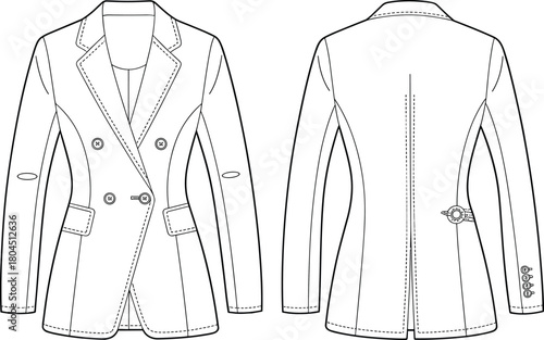Women’s tailored blazer technical flat sketch, double breasted jacket, CAD drawing flat vector illustration, fashion design template