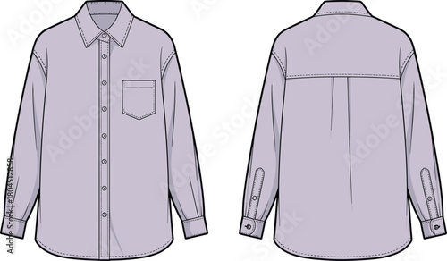 Long sleeve button up shirt technical flat sketch with chest pocket, collar, cuffs, CAD drawing vector illustration