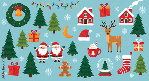 Mega Set of Colorful Christmas Holiday Flat Icons and Decorations Vector Illustration