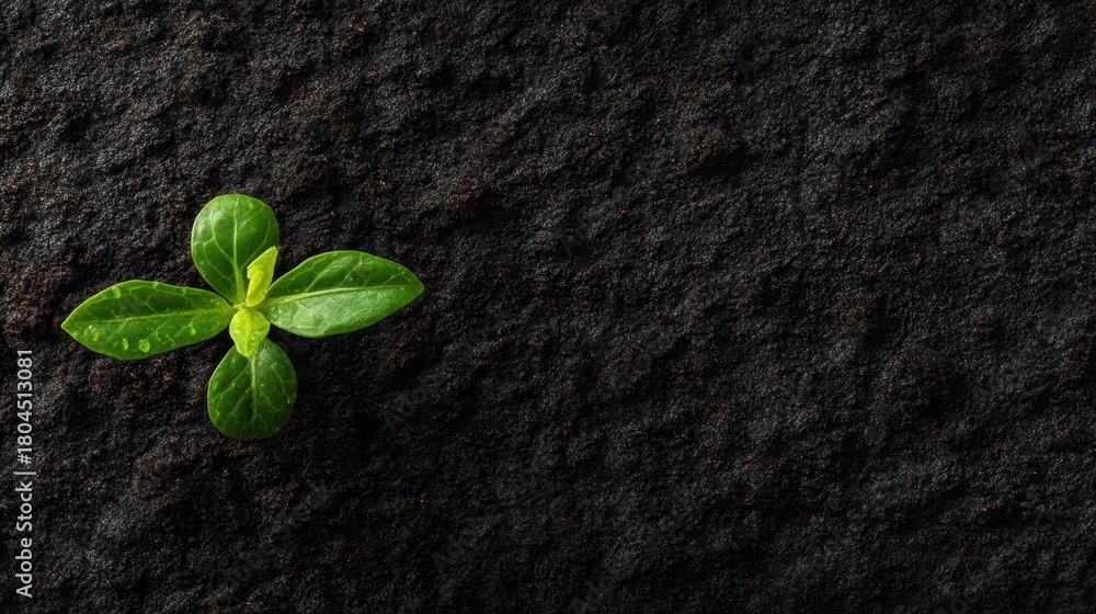 Naklejka premium Young green plant sprout growing from dark soil. Concept of new life, growth, nature, fresh start, and environmental awareness for Earth Day.