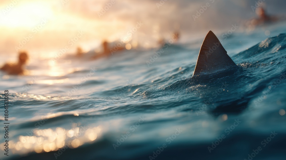 Fototapeta premium Shark fin emerges menacingly from ocean water with blurred people in background, symbolizing danger and fear in nature and wild life.