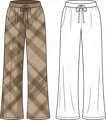 Pajama pants fashion sketch with plaid pattern and drawstring waistband, casual apparel design, cad drawing flat vector illustration
