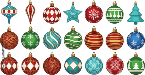 Set of Colorful Christmas Tree Ornament Flat Icons Vector Illustration