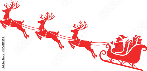 Red Silhouette of Santa Claus Riding Sleigh and Reindeer Vector Illustration