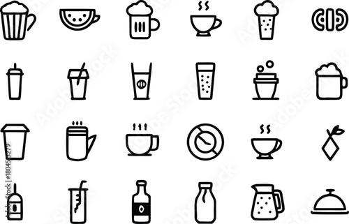 Diverse outline icons: beverages, drinks, and food service elements