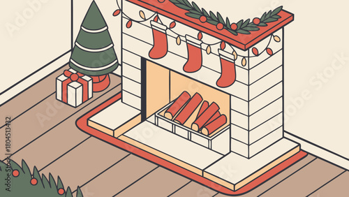 Isometric Christmas living room illustration featuring a fireplace with stockings a Christmas tree and a gift cozy holiday scene