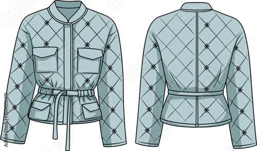 Quilted jacket technical fashion flat sketch, cad drawing vector illustration, apparel design template front back view