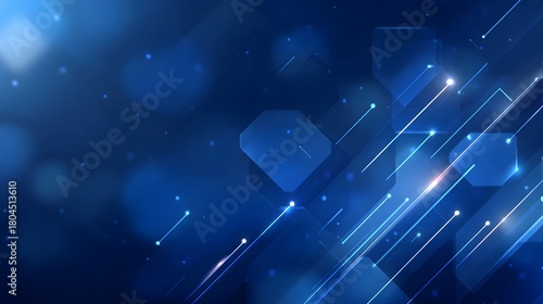 A dark blue abstract digital background featuring luminous hexagons energetic lines and sparkling bokeh lights representing futuristic concepts data networks and technological innovation