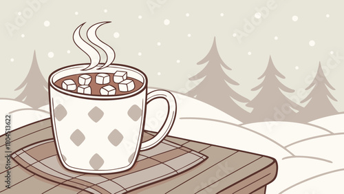 Cozy winter scene with hot chocolate and marshmallows hand-drawn illustration in vintage style perfect for holiday cards and seasonal designs