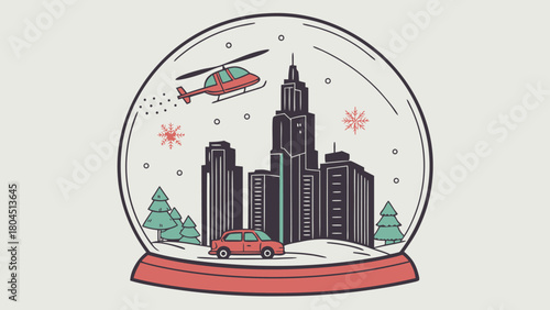 Snow globe with city skyline helicopter and car a vector illustration for winter holidays and seasonal designs