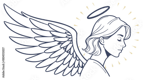 Line art illustration of an angel with wings and halo vector drawing for religious themes isolated on white background