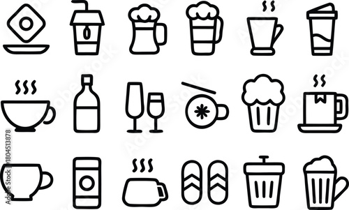 Minimalist line icons for various drinks, food, and daily items.