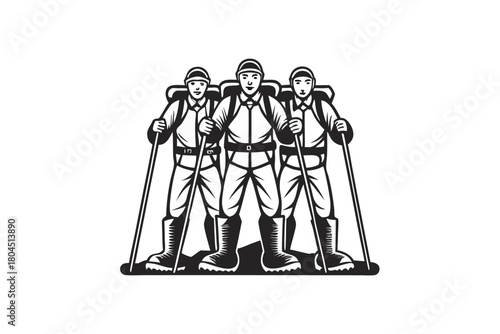 Three monochrome hikers ascend together wearing hats and carrying trekking poles and backpacks in formation
