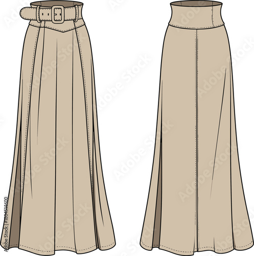 Long skirt technical flat sketch, belted pleated design, high waist A line silhouette, cad drawing vector illustration