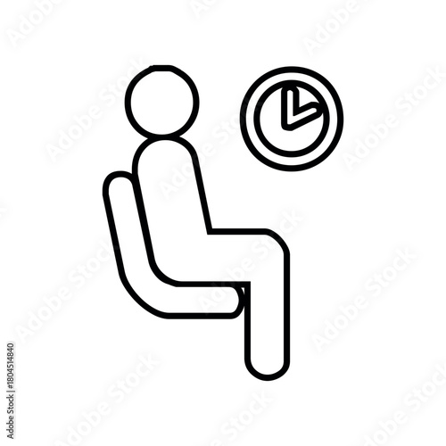 Outline illustration of a person sitting on a chair with a clock on the wall in black and white