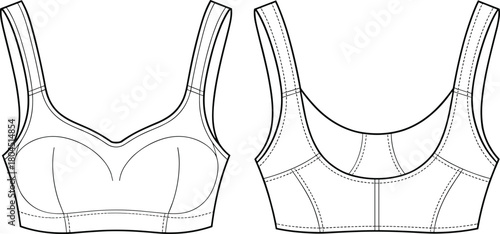 Women bra technical flat sketch, lingerie fashion design, apparel cad drawing, vector illustration, structured cups, seams, straps, cad drawing flat vector illustration