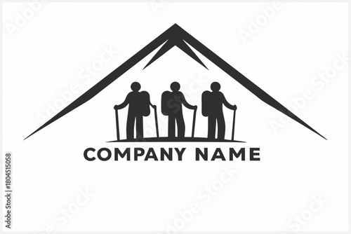 Three silhouette hikers with backpacks ascend a mountain range using trekking poles now