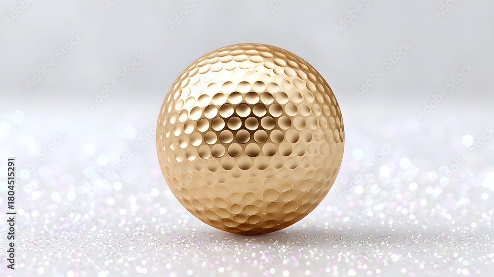 Naklejka premium Close up of a textured golden golf ball with dimples set against a luminous bokeh filled white glitter surface symbolizing achievement and luxury