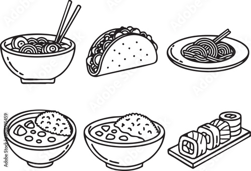 A vector illustration set of fast food and breakfast icons, featuring cartoon drawings of pizza, burgers, coffee cups, sandwiches, cake, and snacks for a restaurant menu