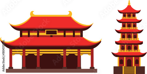 Traditional chinese architecture featuring a red pagoda and temple building