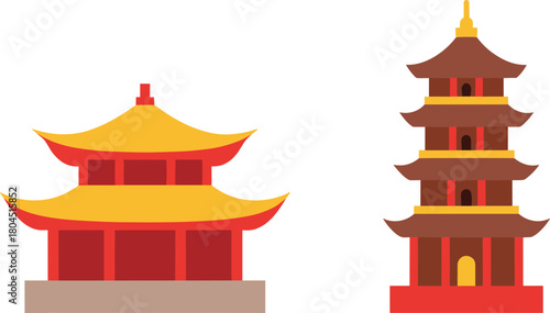 Traditional asian pagoda and temple architecture isolated on white background
