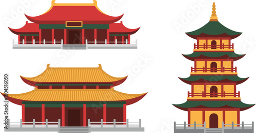 Traditional east asian architecture featuring pagoda and temples with ornate roofs