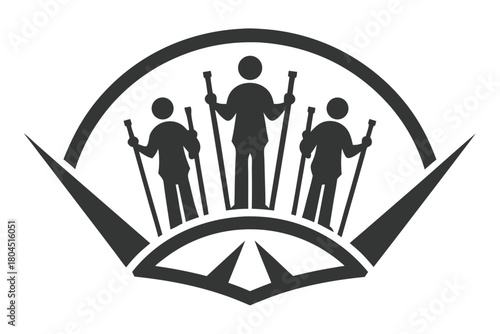 Three stylized figures with trekking poles are set in a simple fan motif
