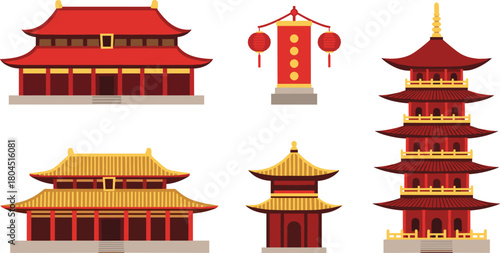 Collection of traditional chinese architecture pagodas temples and lanterns in red and gold