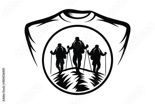 Tshirt features hikers with backpacks and trekking poles ascending a mountain in monochromatic graphics