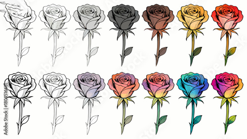 The process of drawing a rose from line drawing to a complete draft, hand-drawn vector illustration