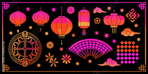 Vibrant collection of traditional chinese decorative elements with lanterns clouds and flowers in gradient colors