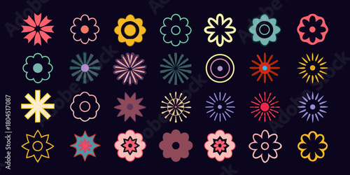 A collection of diverse stylized floral shapes and abstract geometric designs on a dark background
