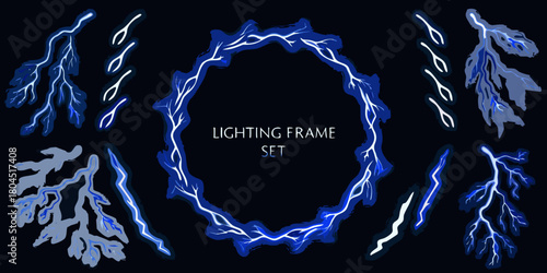 Set of electric lightning bolt frames and elements in blue and white on a dark background