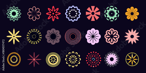Collection of diverse geometric flower shapes and floral icons in various colors