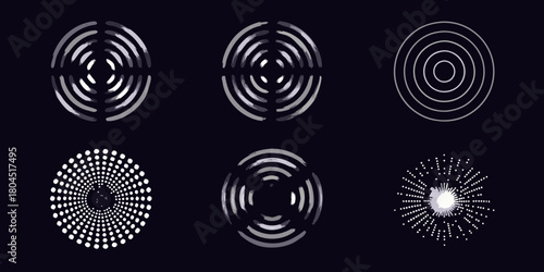 Collection of abstract circular graphic elements with concentric lines dots and brush strokes on dark background