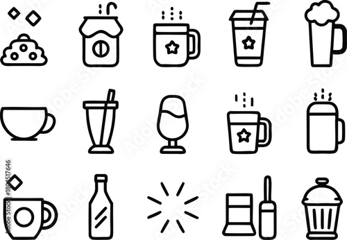 Modern outline icons of drinks, coffee, tea, and sweet desserts