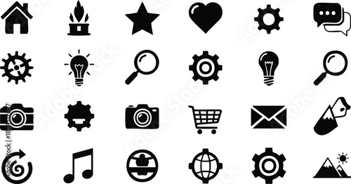 Set of black vector icons for graphic design, websites, and mobile apps featuring common symbols