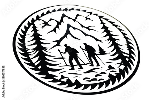 Two silhouette hikers walk with poles near tall mountain peaks and pine trees