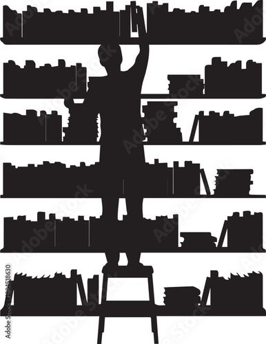 Silhouette of a person reaching for a book on a tall bookshelf
