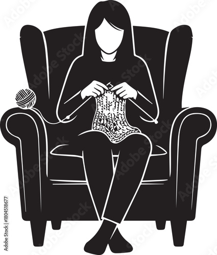 Silhouette of a person knitting in a cozy armchair enjoying a relaxing hobby