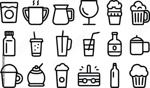 Drink, beverage and food line art icons collection design set