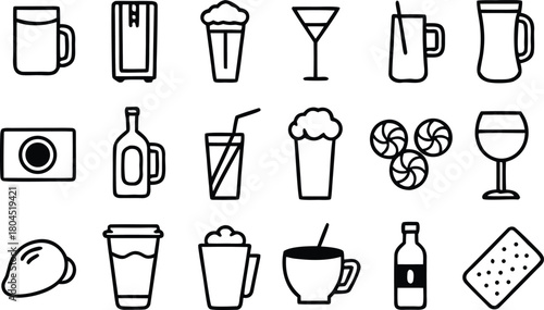 Outline icons of beverages, food, and kitchen items collection set.